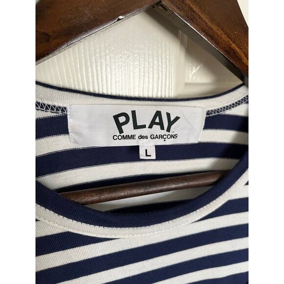 PLAY Comme de Garcons Striped Double Heart Long Sleeve Tee Large White Navy - Picture 5 of 9
